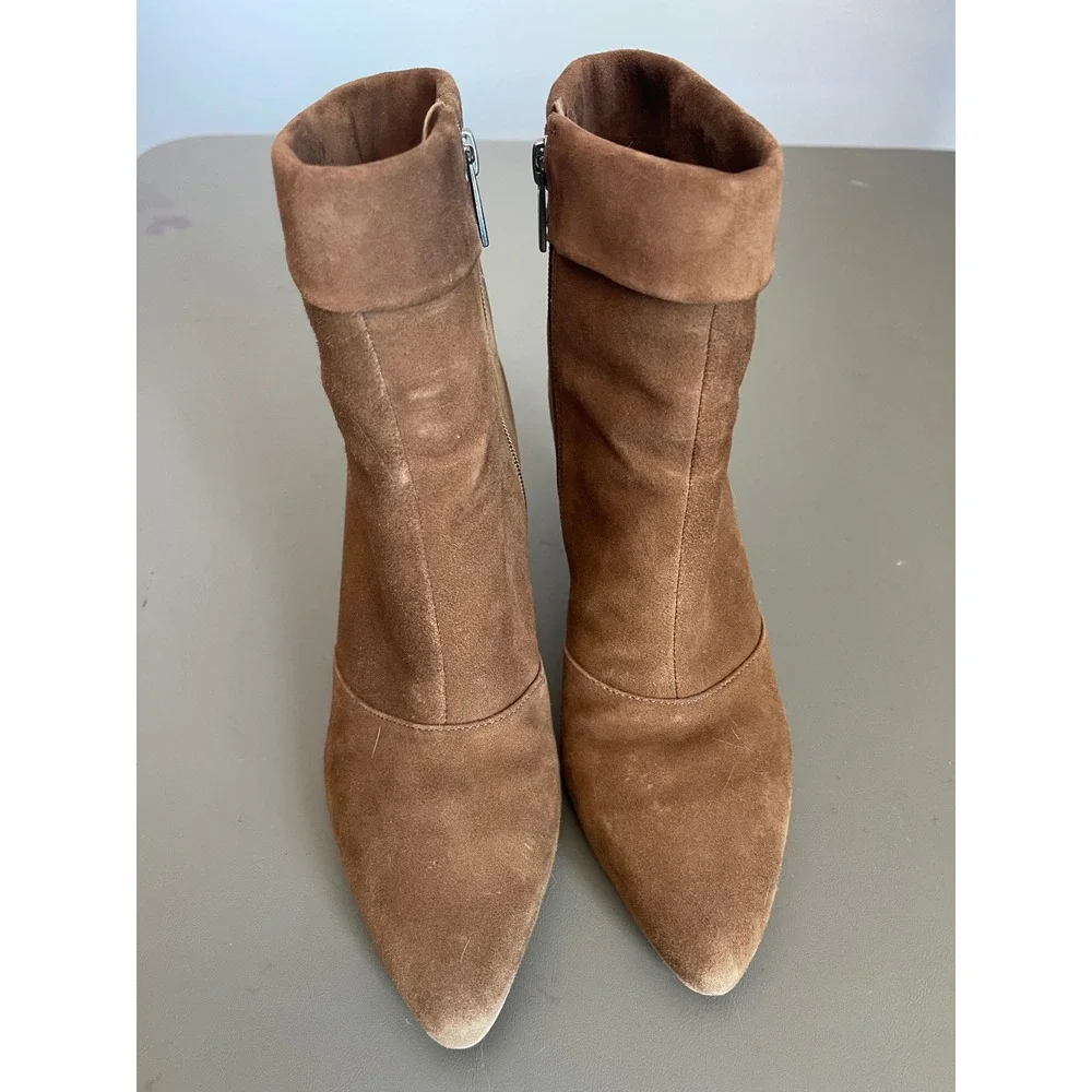 Vince Camuto Brown Suede Pointed Toe Kitten Heel Ankle Booties Fold Over Cuff